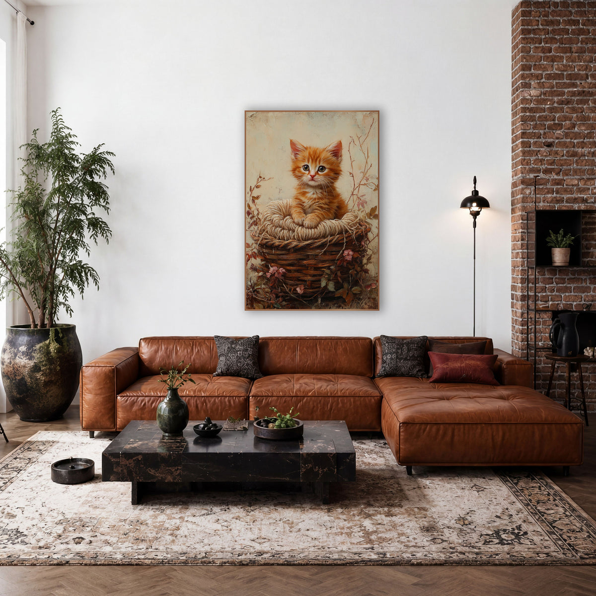 Ginger Kitten Woven Basket Farmhouse wall art in a farmhouse-style room – ginger kitten with wide eyes resting