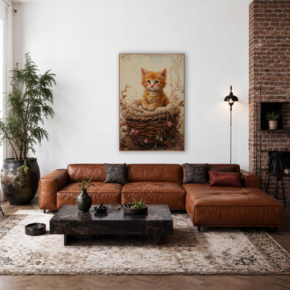 Ginger Kitten Woven Basket Farmhouse wall art in a farmhouse-style room – ginger kitten with wide eyes resting