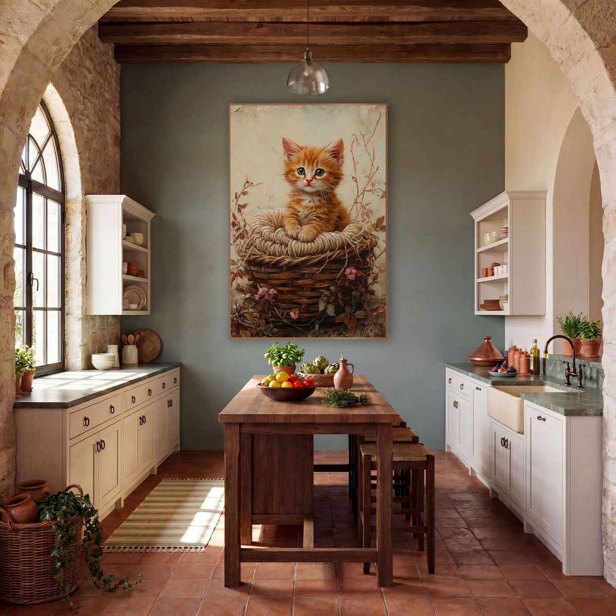 Ginger Kitten Woven Basket Farmhouse wall art in a farmhouse-style room – ginger kitten with wide eyes resting
