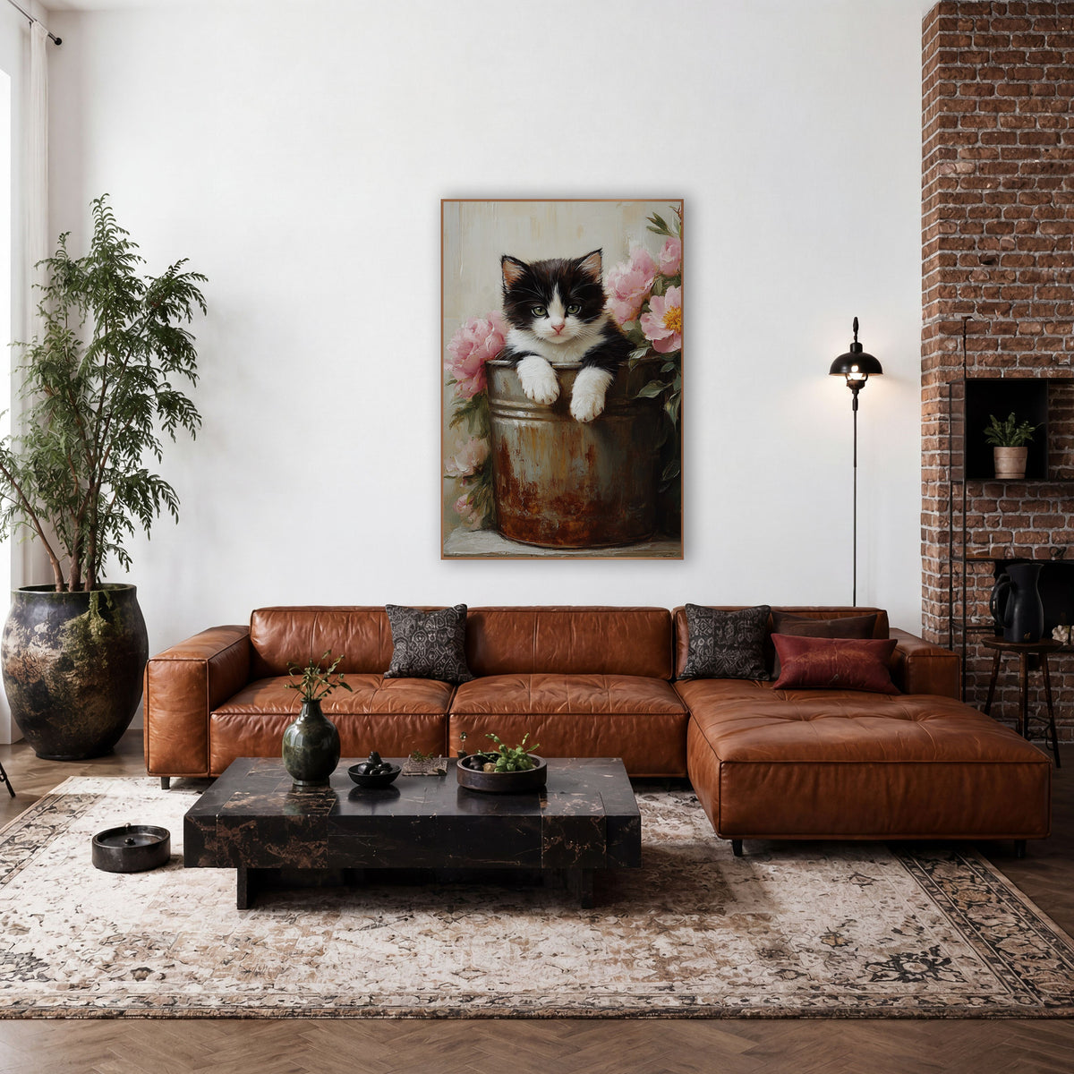 Front-Facing Tuxedo Kitten Peonies Painterly wall art in a farmhouse-style room – black and white kitten peeking