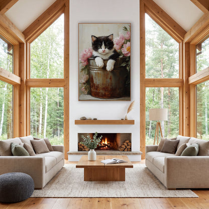 Front-Facing Tuxedo Kitten Peonies Painterly wall art in a farmhouse-style room – black and white kitten peeking