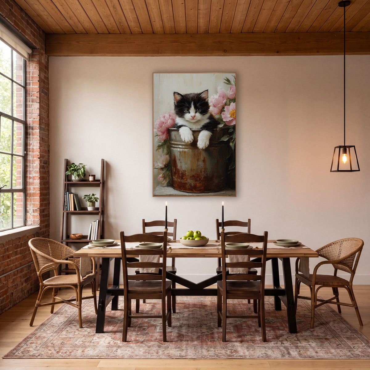 Front-Facing Tuxedo Kitten Peonies Painterly wall art in a farmhouse-style room – black and white kitten peeking