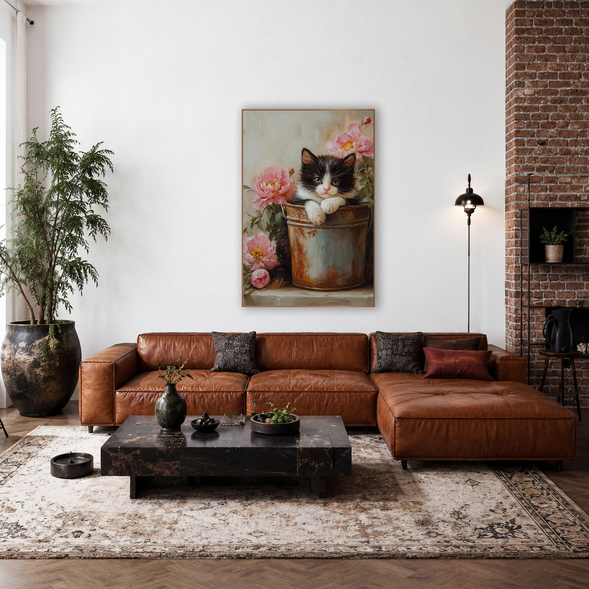 Fluffy Kitten Peony Blooms Rustic wall art in a farmhouse-style room – black and white kitten resting its paws