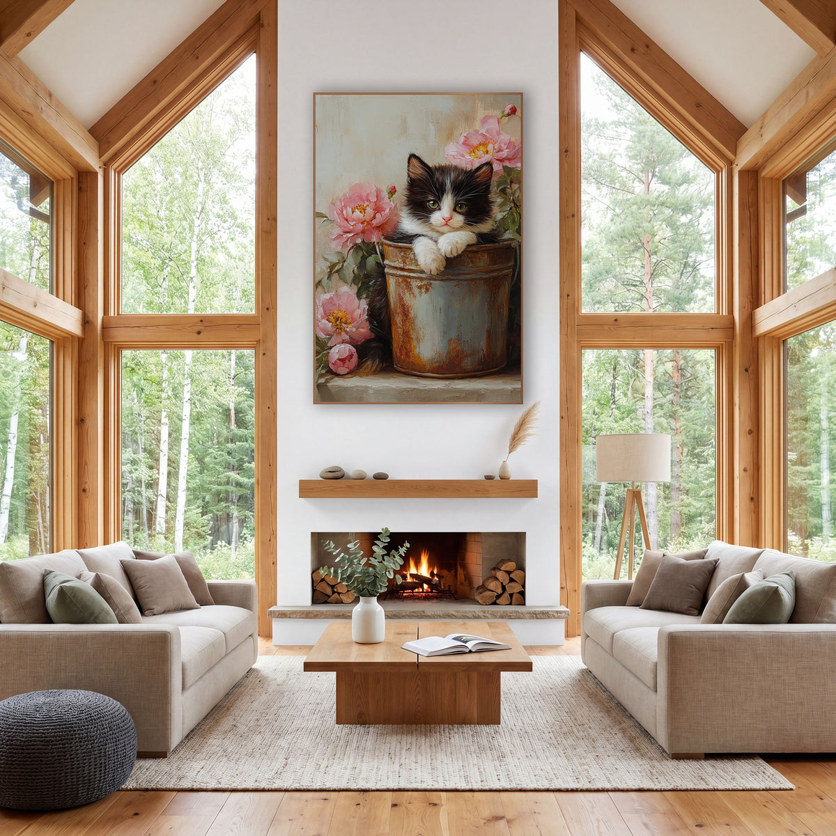 Fluffy Kitten Peony Blooms Rustic wall art in a farmhouse-style room – black and white kitten resting its paws