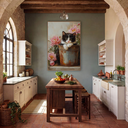 Fluffy Kitten Peony Blooms Rustic wall art in a farmhouse-style room – black and white kitten resting its paws