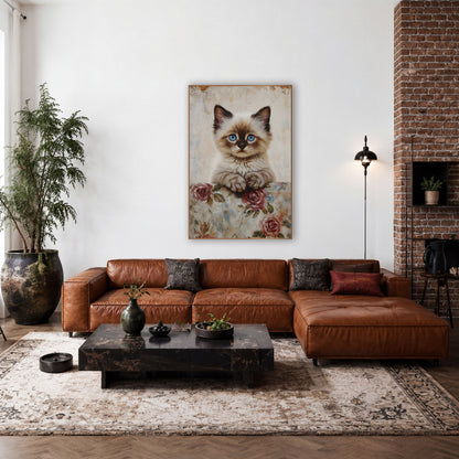 Blue Eyed Kitten Floral Vintage wall art in a farmhouse-style room – fluffy cream and brown kitten with blue eyes