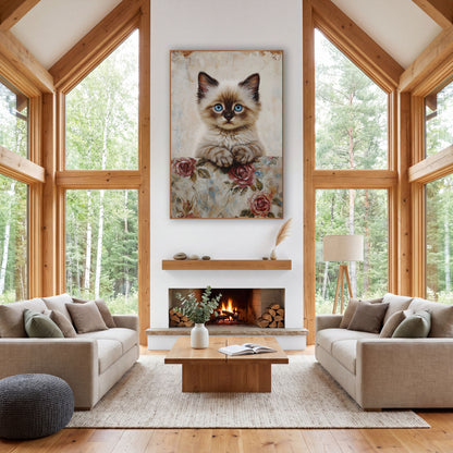 Blue Eyed Kitten Floral Vintage wall art in a farmhouse-style room – fluffy cream and brown kitten with blue eyes