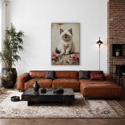 Seated Ragdoll Kitten Rose Quilt wall art in a farmhouse-style room – fluffy cream kitten with blue eyes sitting