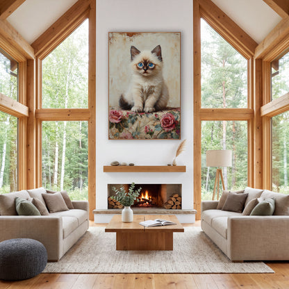 Seated Ragdoll Kitten Rose Quilt wall art in a farmhouse-style room – fluffy cream kitten with blue eyes sitting