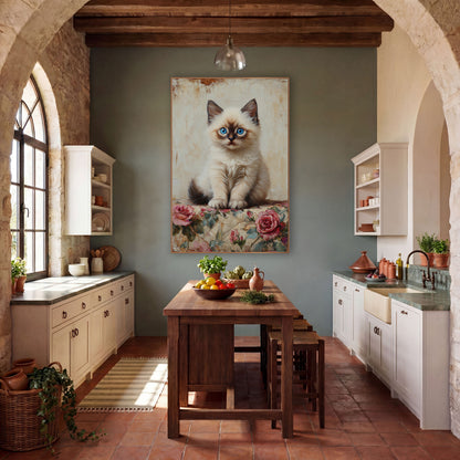 Seated Ragdoll Kitten Rose Quilt wall art in a farmhouse-style room – fluffy cream kitten with blue eyes sitting