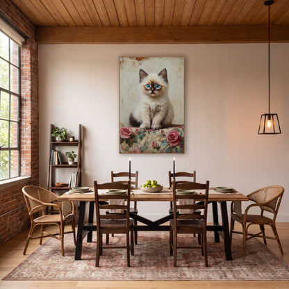 Seated Ragdoll Kitten Rose Quilt wall art in a farmhouse-style room – fluffy cream kitten with blue eyes sitting