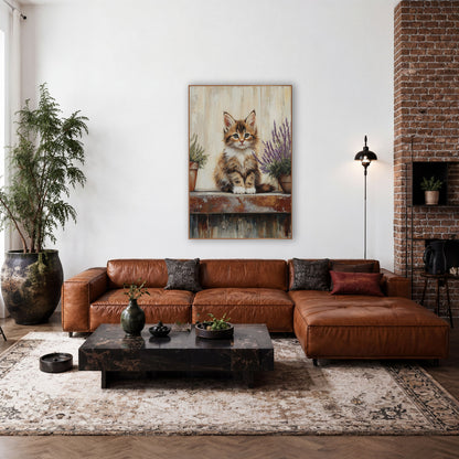 Fluffy Kitten Lavender Farmhouse wall art in a farmhouse-style room – fluffy tabby and white kitten sitting on a rusty