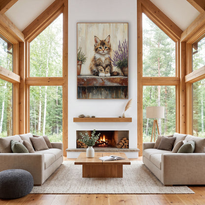Fluffy Kitten Lavender Farmhouse wall art in a farmhouse-style room – fluffy tabby and white kitten sitting on a rusty