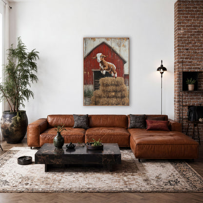 Side-Leap Goat Cracked Barnwood wall art in a farmhouse-style room – brown and white baby goat jumping over stacked