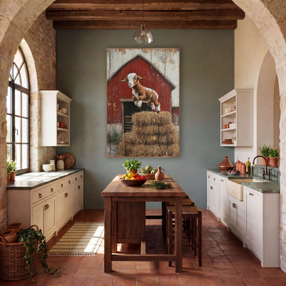 Side-Leap Goat Cracked Barnwood wall art in a farmhouse-style room – brown and white baby goat jumping over stacked