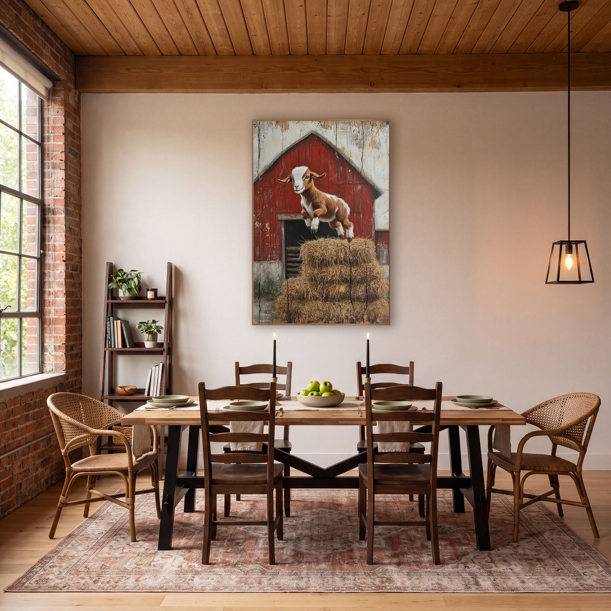 Side-Leap Goat Cracked Barnwood wall art in a farmhouse-style room – brown and white baby goat jumping over stacked