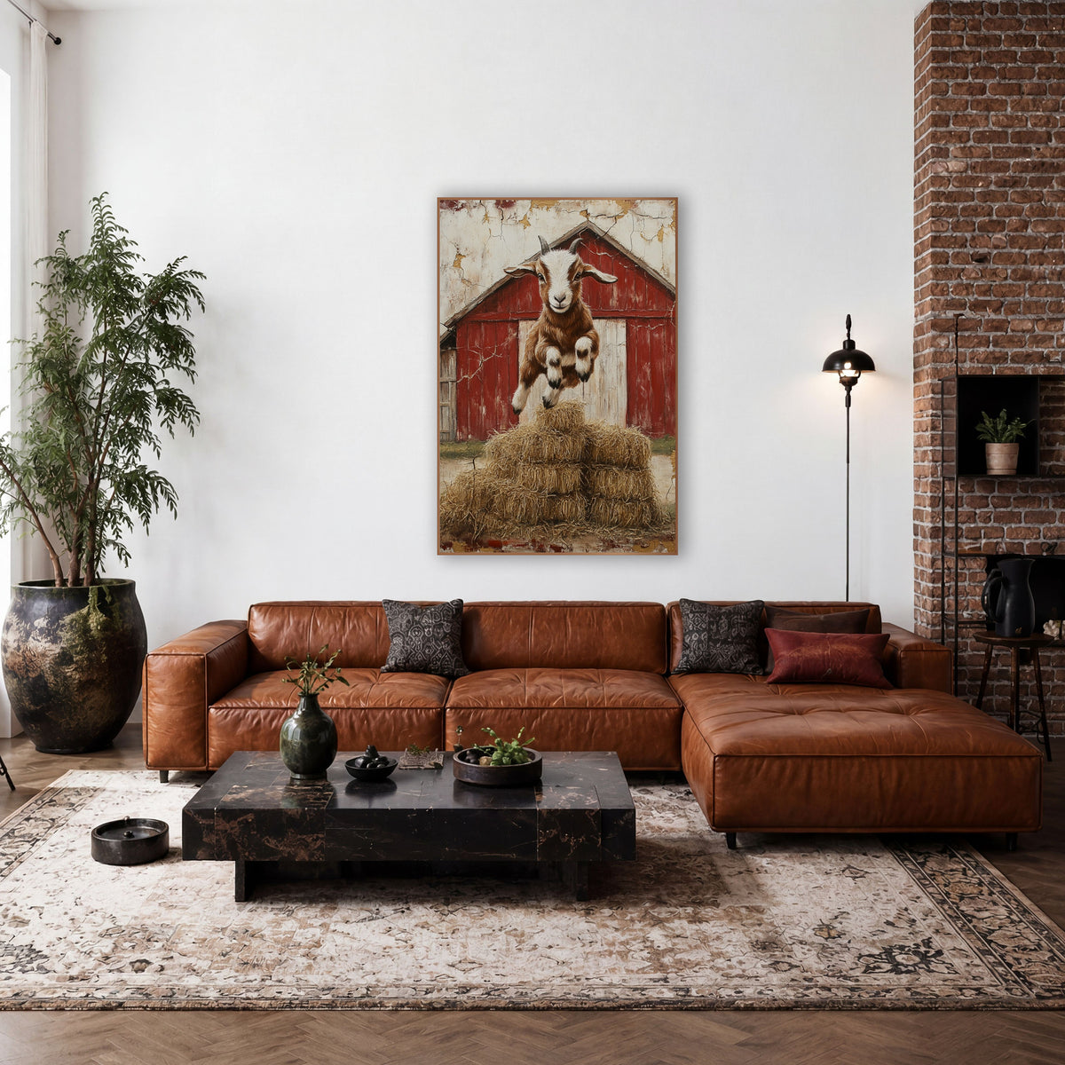 Front-Facing Horned Goat Haystack Rustic wall art in a farmhouse-style room – baby goat leaping over stacked hay bales