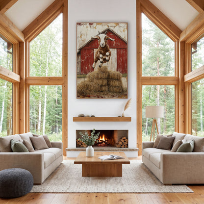 Front-Facing Horned Goat Haystack Rustic wall art in a farmhouse-style room – baby goat leaping over stacked hay bales