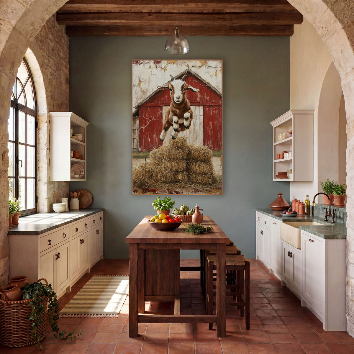 Front-Facing Horned Goat Haystack Rustic wall art in a farmhouse-style room – baby goat leaping over stacked hay bales