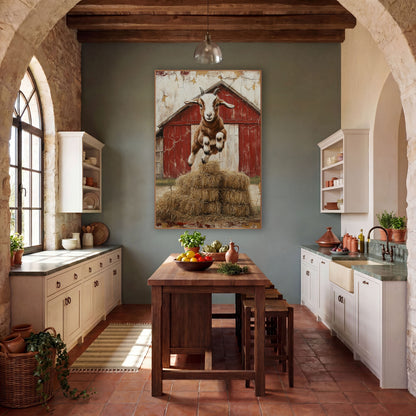 Front-Facing Horned Goat Haystack Rustic wall art in a farmhouse-style room – baby goat leaping over stacked hay bales