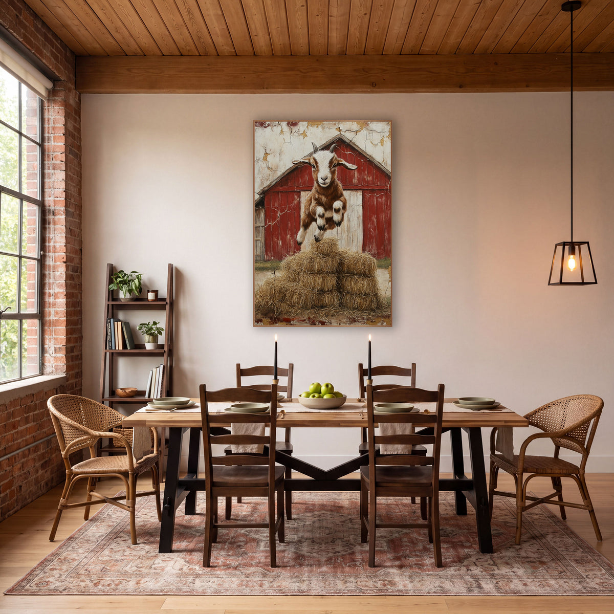 Front-Facing Horned Goat Haystack Rustic wall art in a farmhouse-style room – baby goat leaping over stacked hay bales