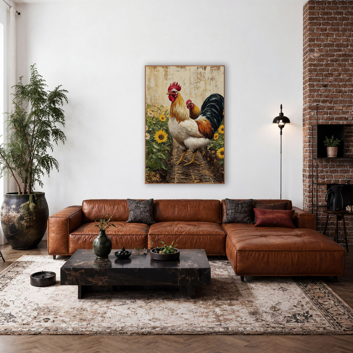 Rooster Among Sunflowers Farmhouse wall art in a farmhouse-style room – large white and gold rooster with red comb