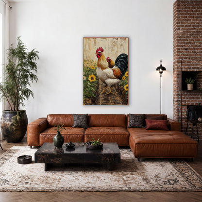 Rooster Among Sunflowers Farmhouse wall art in a farmhouse-style room – large white and gold rooster with red comb