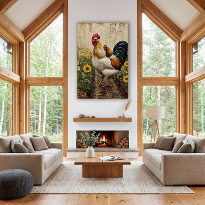 Rooster Among Sunflowers Farmhouse wall art in a farmhouse-style room – large white and gold rooster with red comb