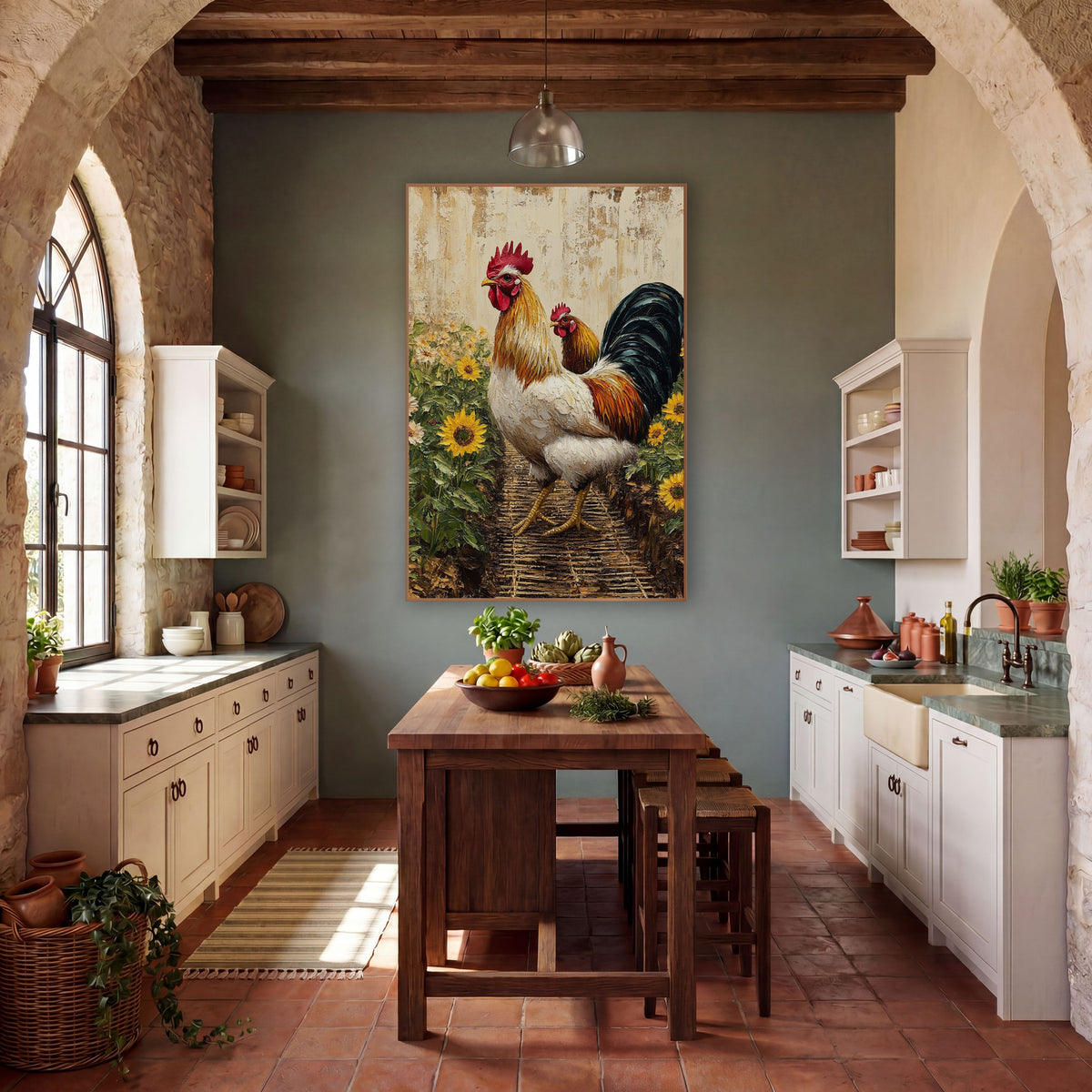 Rooster Among Sunflowers Farmhouse wall art in a farmhouse-style room – large white and gold rooster with red comb