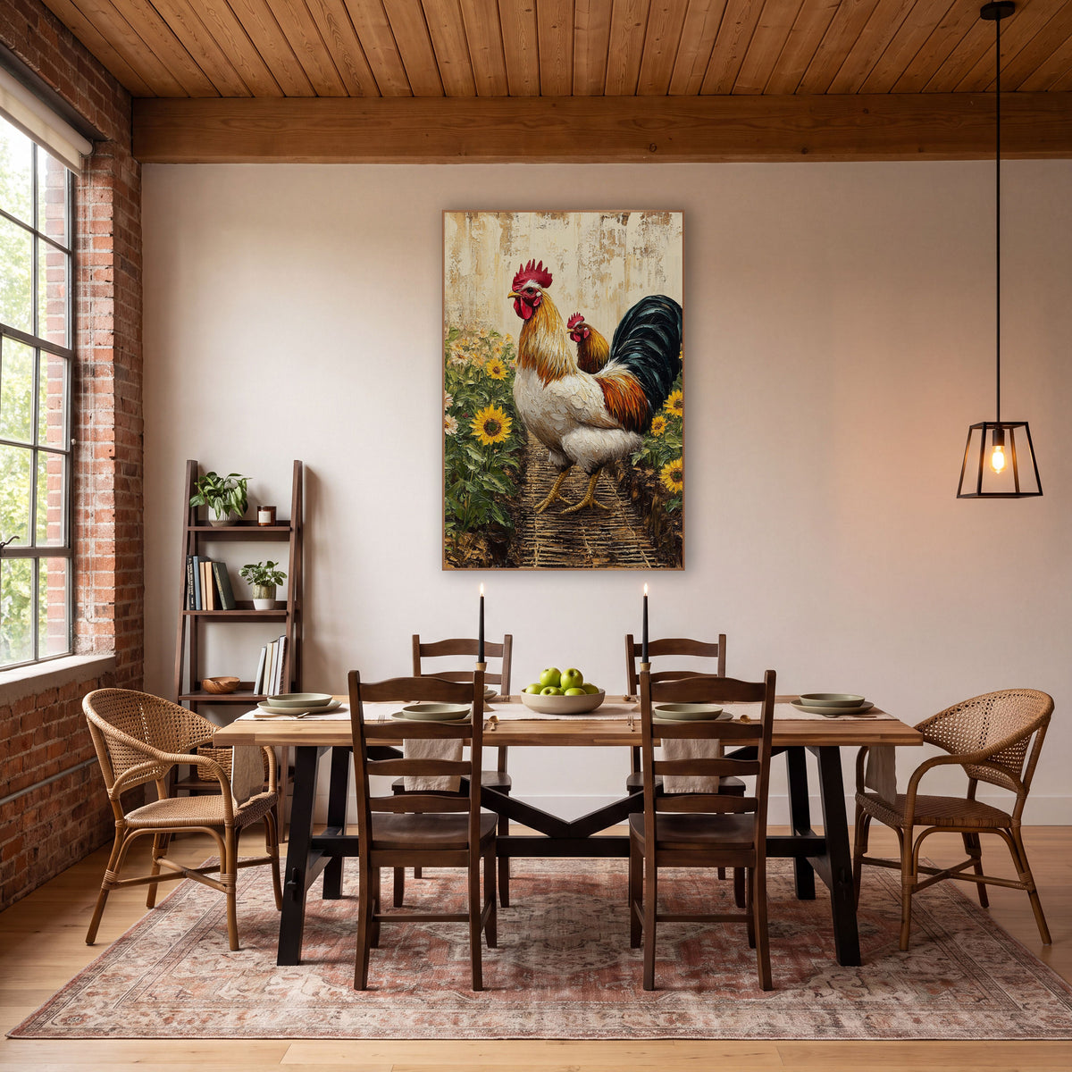 Rooster Among Sunflowers Farmhouse wall art in a farmhouse-style room – large white and gold rooster with red comb