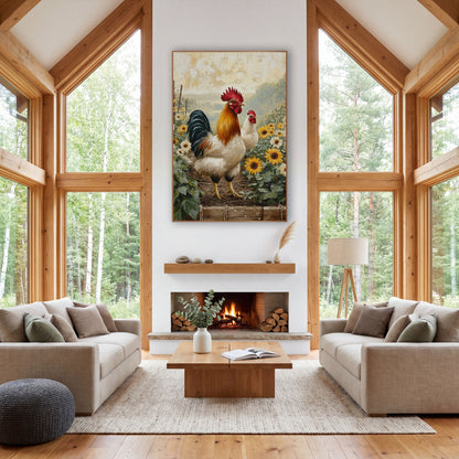 Rooster and Hen Sunflower Farmhouse wall art in a farmhouse-style room – rooster with red comb and white hen