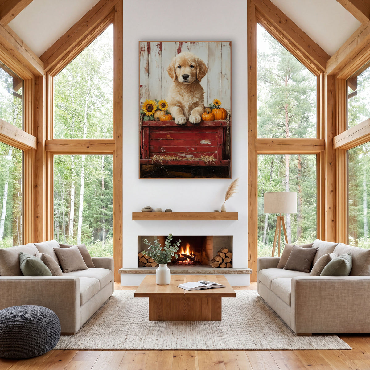 Sunflower Wagon Pup Weathered Rustic wall art in a farmhouse-style room – golden puppy with paws on a red wooden wagon