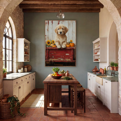 Sunflower Wagon Pup Weathered Rustic wall art in a farmhouse-style room – golden puppy with paws on a red wooden wagon
