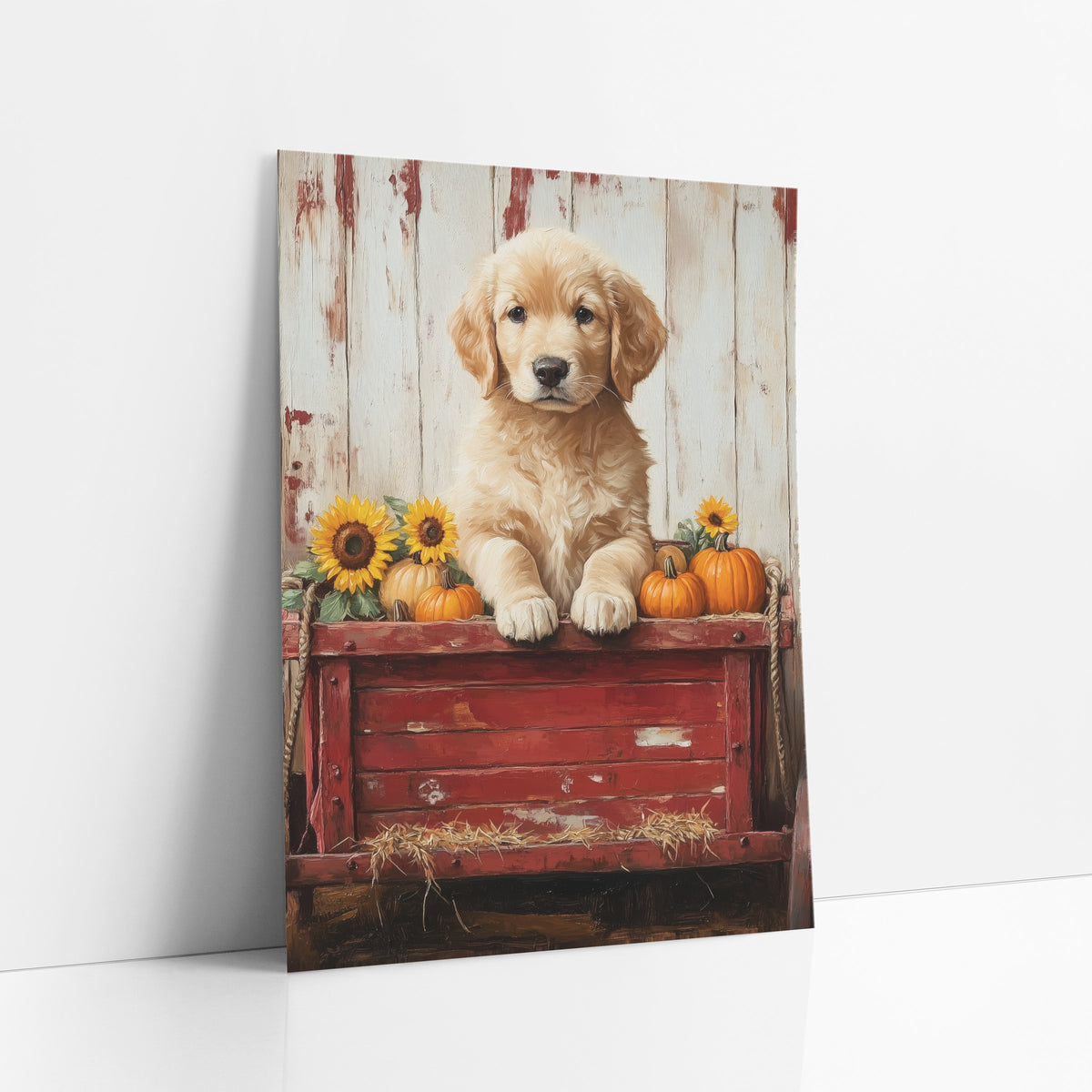 Sunflower Wagon Pup Weathered Rustic art print leaning against a white wall – golden puppy with paws on a red wooden wagon