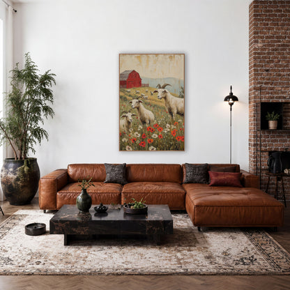 Goats and Poppy Meadow Farmhouse wall art in a farmhouse-style room – three cream goats among red poppies and white