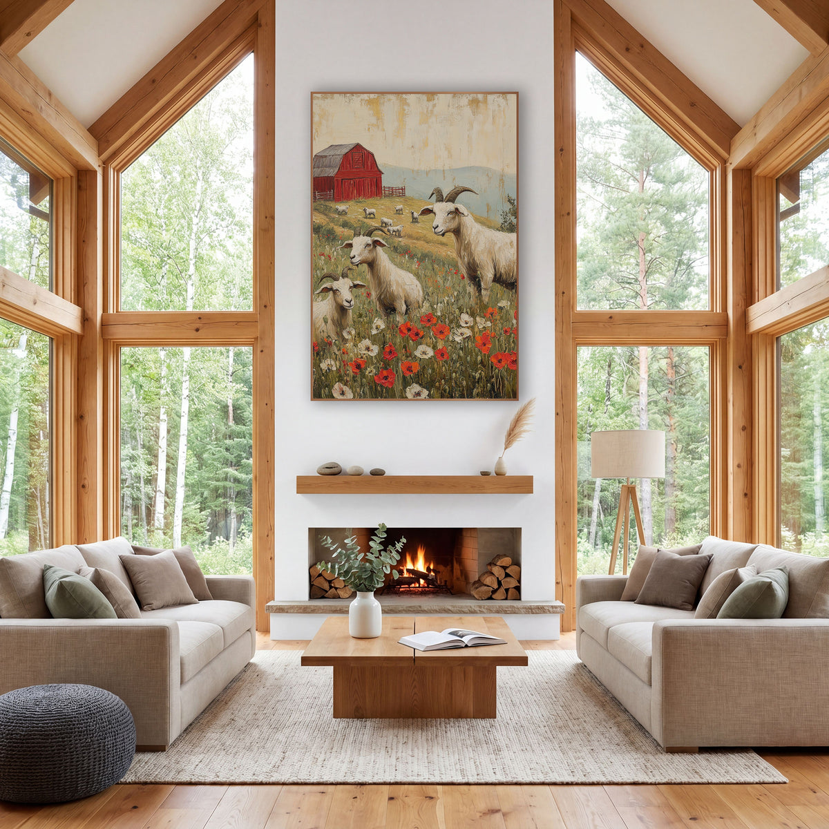 Goats and Poppy Meadow Farmhouse wall art in a farmhouse-style room – three cream goats among red poppies and white