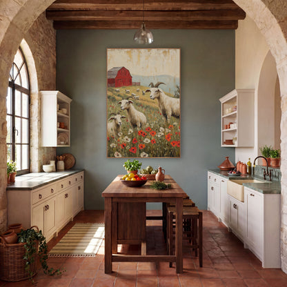 Goats and Poppy Meadow Farmhouse wall art in a farmhouse-style room – three cream goats among red poppies and white