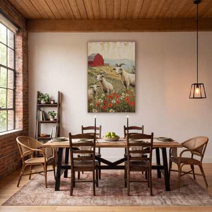 Goats and Poppy Meadow Farmhouse wall art in a farmhouse-style room – three cream goats among red poppies and white