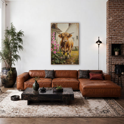 Frontal Highland Cow Hollyhock Farmhouse wall art in a farmhouse-style room – shaggy Highland cow with long horns