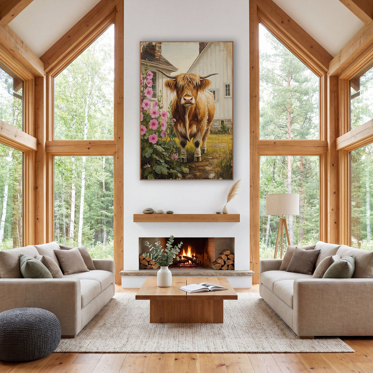 Frontal Highland Cow Hollyhock Farmhouse wall art in a farmhouse-style room – shaggy Highland cow with long horns