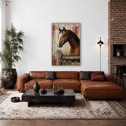 Chestnut Horse Red Barnwood Rustic wall art in a farmhouse-style room – chestnut horse with white blaze