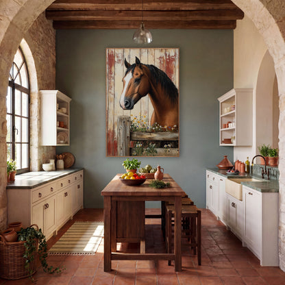Chestnut Horse Red Barnwood Rustic wall art in a farmhouse-style room – chestnut horse with white blaze