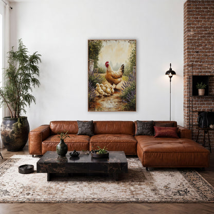Facing Hen Four Chicks Painterly wall art in a farmhouse-style room – golden hen leading four yellow chicks down