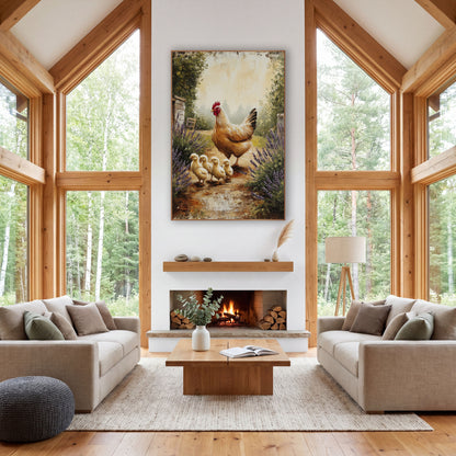 Facing Hen Four Chicks Painterly wall art in a farmhouse-style room – golden hen leading four yellow chicks down