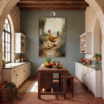 Facing Hen Four Chicks Painterly wall art in a farmhouse-style room – golden hen leading four yellow chicks down