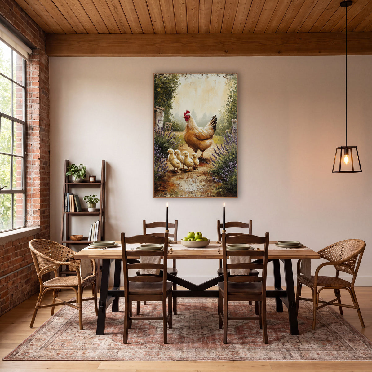 Facing Hen Four Chicks Painterly wall art in a farmhouse-style room – golden hen leading four yellow chicks down