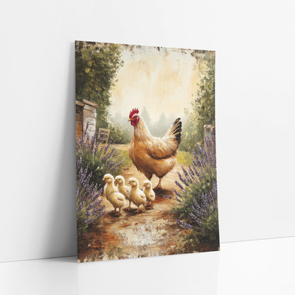 Facing Hen Four Chicks Painterly art print leaning against a white wall – golden hen leading four yellow chicks down a dirt