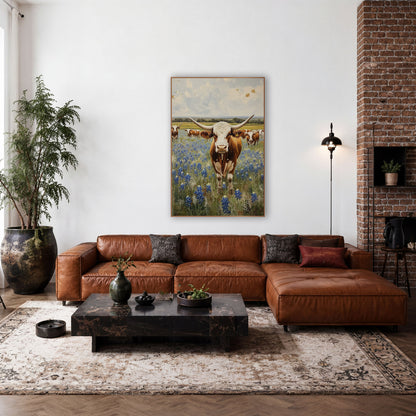 Longhorn Cattle Bluebonnet Field Farmhouse wall art in a farmhouse-style room – longhorn steer with wide pale horns