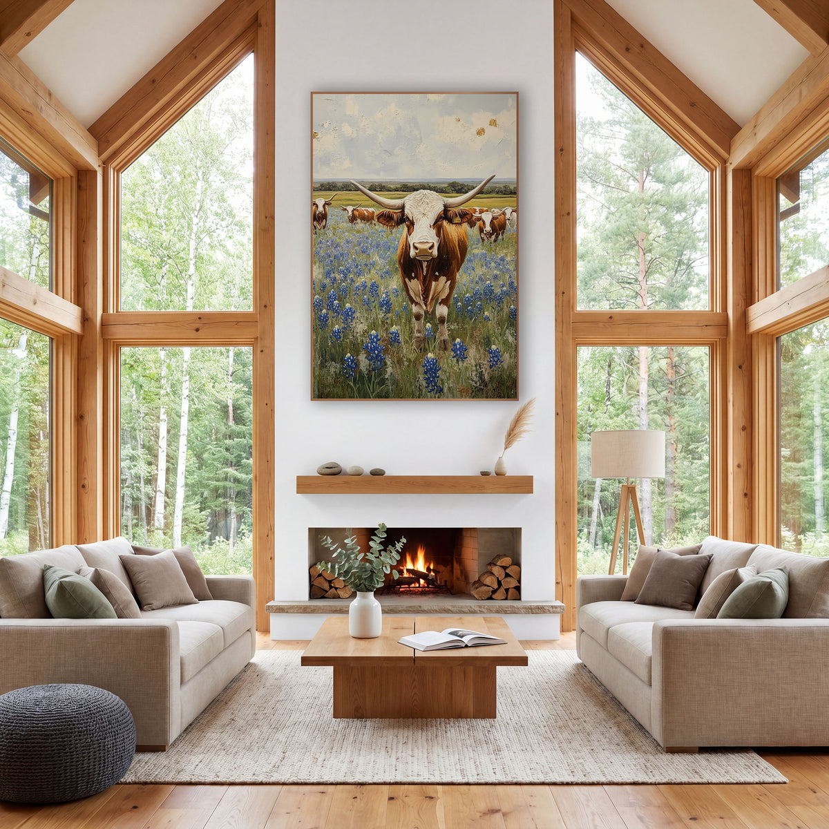 Longhorn Cattle Bluebonnet Field Farmhouse wall art in a farmhouse-style room – longhorn steer with wide pale horns