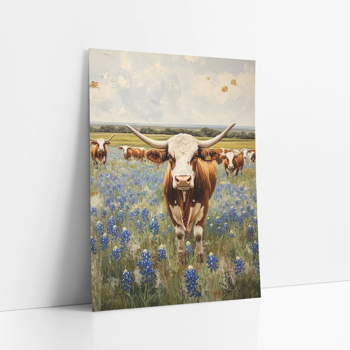 Longhorn Cattle Bluebonnet Field Farmhouse art print leaning against a white wall – longhorn steer with wide pale horns